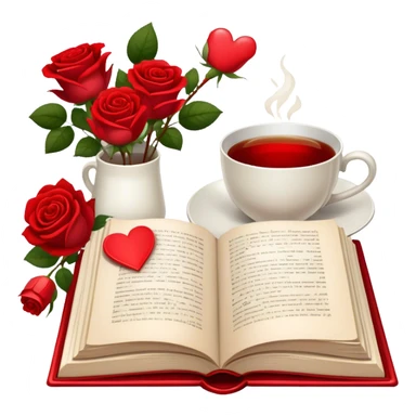 Icon for Romance Reading: an open book with a heart-shaped bookmark, surrounded by roses, a love letter, and a cup of tea. The icon should evoke the warmth, passion, and emotional depth of a love story. Transparent background sticker