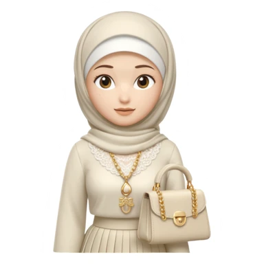 female memoji character, iPhone style, wearing white hijab, white lace top, pleated long skirt, cream handbag with gold chain, soft 3D shading, cute expression, no background, transparent PNG sticker