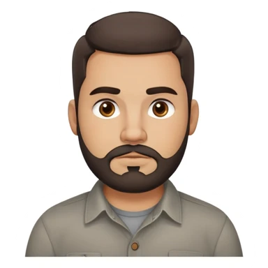 Stocky approachable man with light brown complexion, round friendly face, full cheeks, kind dark eyes, thick eyebrows, wide nose, medium lips with warm expression, short well-maintained full beard, short dark hair with simple cut, wearing a gray casual button-up shirt sticker
