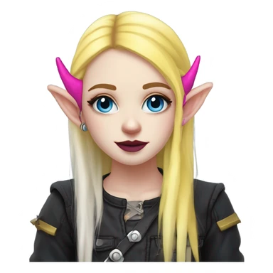Blue eyed long eye lashes blonde  pale hime gyaru girl, hot pink and yellow split-dyed hair, nose ring, elf ears, dark makeup, punk clothes sticker