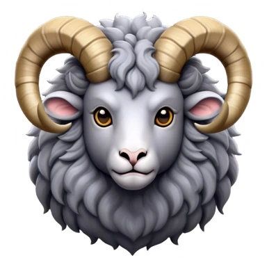 Cinematic Noble Ram Portrait Emoji, Poised and regal, with a sturdy, powerful build and a thick, woolly grey fur adorned with impressively curled horns, deep-set soulful dark eyes, Simplified yet sharp and sophisticated features, highly detailed, glowing with a soft, dignified glow, high shine, intelligent and commanding, stylized with an air of rugged majesty, focused and attentive, soft glowing outline, capturing the essence of a watchful and confident ram, so majestic it feels as though it could charge out of the screen with effortless authority! sticker