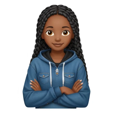 African American dark skin girl with long black box braids wearing a black hoodie with denim skinny jeans with arms folded across chest sticker