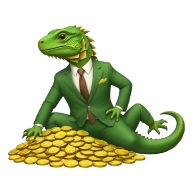 capitalist iguana in suit lying resting on coins sticker