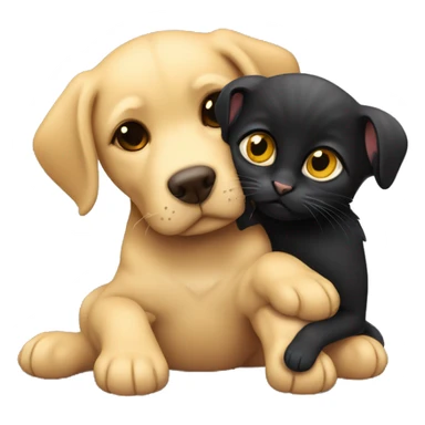 Small black kitten cuddling with dark yellow Labrador dog sticker