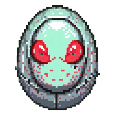 a strange large transparent alien egg, floating inside with a visible creature inside, embryo, embryonic, fetal shape, primordial, 3 glowing red eyes, illuminated from above sticker