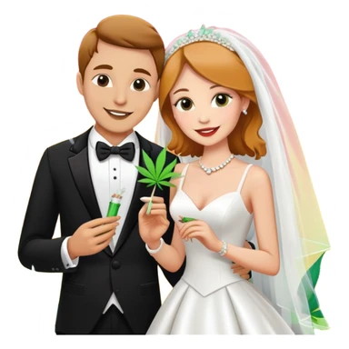 Bride in white dress and groom in tuxedo sharing a cannabis joint, cheerful cartoon wedding couple with vibrant colorful background sticker