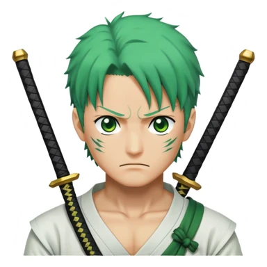 Roronoa Zoro with green hair, three swords, white shirt, green haramaki sticker