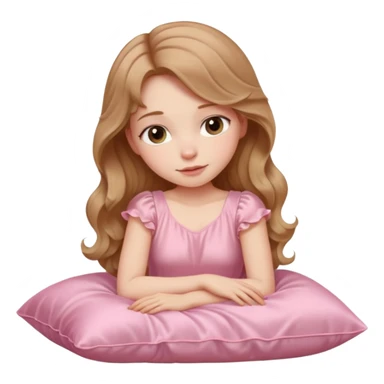Sleeping beauty pale-skinned girl with light brown wavy hair, resting peacefully on a soft pink silk pillow on her side, wearing a pastel pink dress sticker