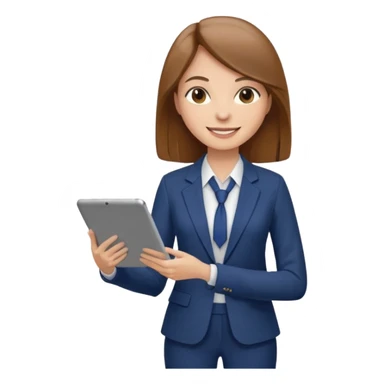 quest guide woman with straight light brown hair, academic outfit blazer blouse pants, smiling, holding digital tablet sticker