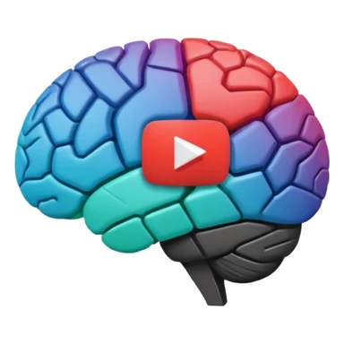 Minimalist flat icon design, brain silhouette with YouTube play button triangle integrated inside, clean vector style, single color or gradient, simple lines, professional logo style, white background, centered composition sticker