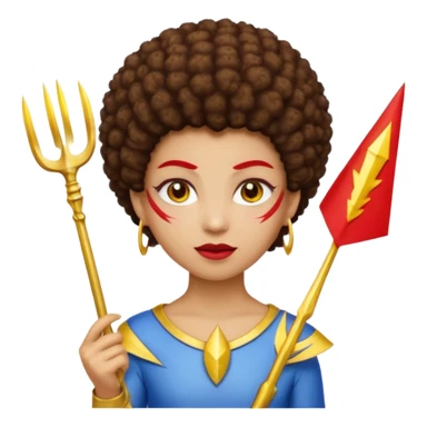 Emoji metisse femboy mais plus masculin avec drapeau ukrainien arriere plan, un afro, sourcils rouge, fourche trident, et eclairs et sur fond bleu clair irrisé. Peau lightskin, yeux marron et cheveux marron bouclés mais en mode afro pixi cut sticker