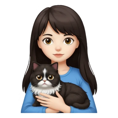 a girl with long, dark brown hair and bangs, carrying a black and white fluffy Persian cat sticker
