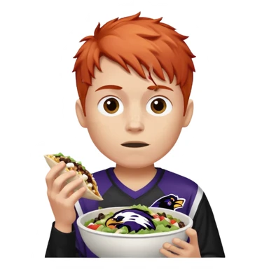 a red-haired boy wearing a ravens jersey and eating a chipotle burrito bowl sticker