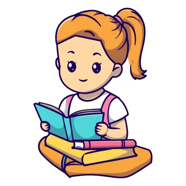 Cute girl with ponytail reading from an open notebook sticker