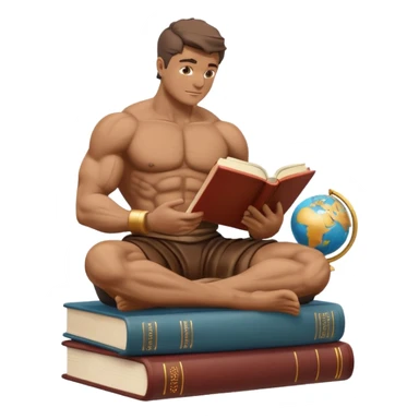 stoic muscular statue reading a book while sitting on books, globe present, emoji style sticker