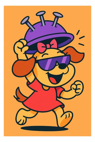 cartoon puppy girl lifting a nail hat, wearing half purple sunglasses, cheerful and energetic, fun and expressive style sticker