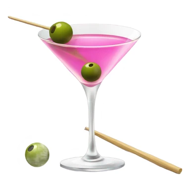 martini glass with olives and pink sticker