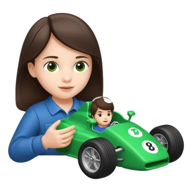 brunette kid playing green formula 1 toy sticker
