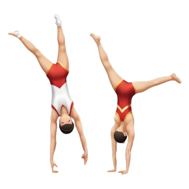 A skilled acrobat performing a handstand with perfect balance, while another acrobat gracefully flips in the air, showcasing their strength and precision. The background features a large gymnasium with bright lights and cheering audience, symbolizing adult acrobatics as a coordinated sport. sticker