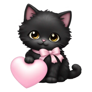 black fluffy fat kitten with pale pink bow holding a pale pink heart sticker