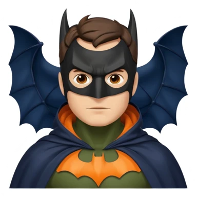 generate a batman emoji with just the face and neck showing and part of the cloak and and wings. Shade the bat logo on the chest in a bright  olive green. Shade the mask in dark navy blue.  Shade the cloak in a solid vibrant orange.  sticker