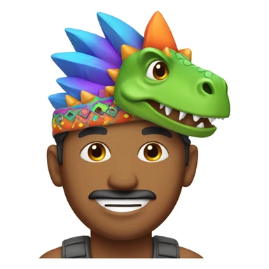Indian man wearing a dinosaur hat sticker