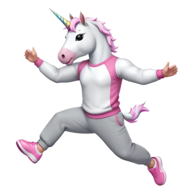 friendly anthropomorphised male white unicorn with a fit, chunky, muscular and strong physique, arms and legs matching the white of the head, wearing grey tracksuit pants and pink jumper, sunglasses, jumping for joy sticker