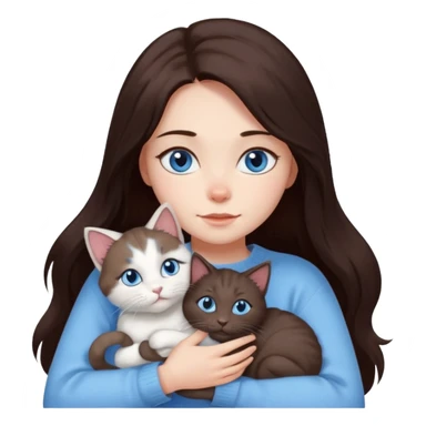 a girl with long dark 
brown hair, with blue eyes, in a
white sweater, hugs 3 different natural coloured cats sticker