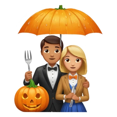 Make a guy hugging a giant pumpkin with a fork in his right hand while there's fire while there's a lady watching while it's raining while there's an umbrella on the ground that's alive and the sun has a bow tie on his neck sticker