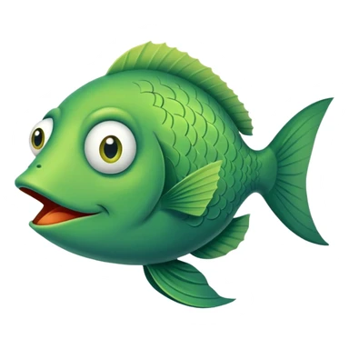 super derpy green fish with droopy eye and goofy overbite, perfect flat side profile facing right, exactly 90 degrees, completely 2D like a paper cutout, only one eye visible, absolute side view sticker