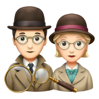 Icon for Detective Movies: A colorful collage with Sherlock Holmes, Miss Marple, and Pinkerton. Include magnifying glasses, clues, and detective tools. The design should evoke mystery and intrigue, with a classic detective movie feel. Transparent background. sticker