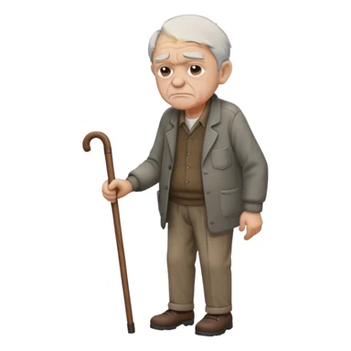Old man leaning on a walking cane and holding his crancky back with his hand, grumpy face, detailed sticker