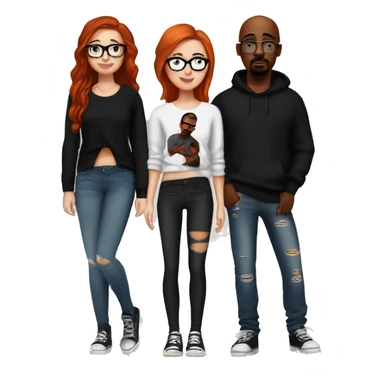 redhead girl with glasses wearing a cute sweater and black leggings, dark brown haired girl wearing black leggings and a cute sweater, bald guy wearing a beanie and ripped jeans with a 2pac shirt sticker