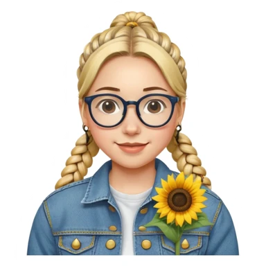 A bespectacled girl with a braided ponytail, a sunflower pin on her denim jacket, and a cheerful expression. sticker
