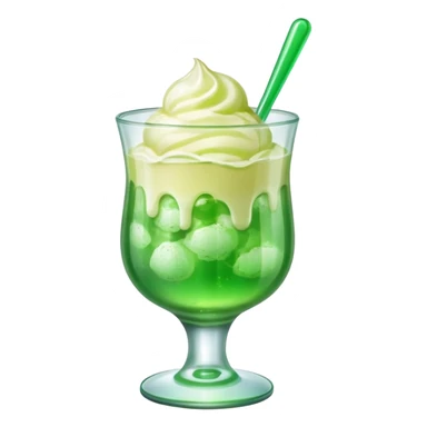 Create an emoji with a clear rounded glass, bright transparent green soda, vanilla ice cream scoop
 sticker