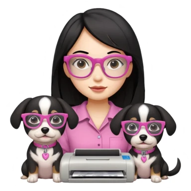 Una chica con pelo negro y lentes rosados con una impresora y dos perras una cajeta y la otra negra sticker