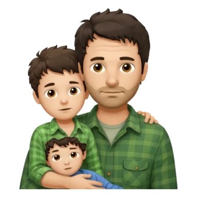 A father with messy medium-length dark hair and light stubble, wearing a green flannel shirt. He holds his one child who has short curly brown hair and a cream-colored romper. Cozy warm lighting, authentic family moment. sticker