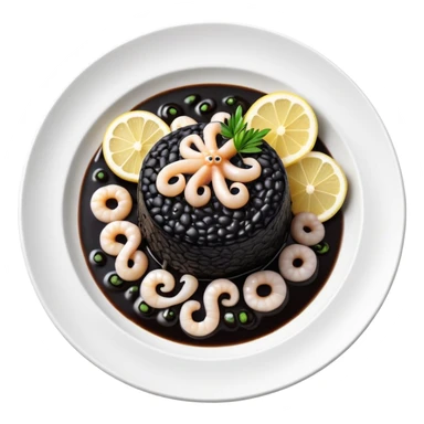 cinematic-realistic-black-risotto-dish-emoji,-showcasing-small squid pieces in black sauce -rendered-with-bold-textures-and-dynamic,-dramatic-lighting in a white plate with a grilled lemon on top sticker