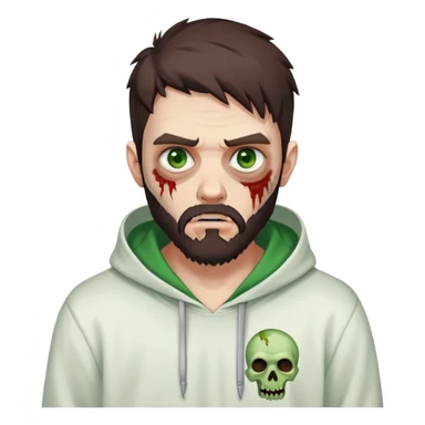 zombie pointing finger, undercut hairstyle with dark brown hair, short full beard, heterochromia with one green eye and one brown eye, wearing plain white hoodie sticker