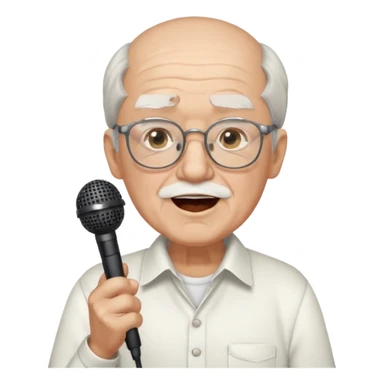 singer, Old man, singing, holding mic, white shirt glasses sticker