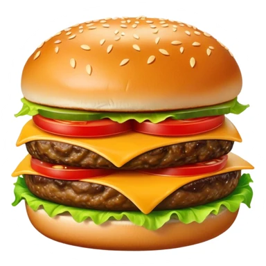 Cinematic juicy cheeseburger, perfectly grilled patty, melted cheese, crisp lettuce, tomatoes, and pickles, soft sesame seed bun, glossy and rich, warm glowing background, ultra-detailed and appetizing. sticker