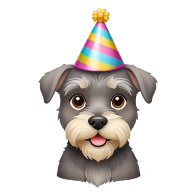 A schnauzer dog wearing a colorful birthday hat sticker