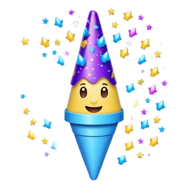 Emoji with glowing cone-shaped confetti popper, purple and blue colors emitting confetti and glitter, creating a bright festive atmosphere sticker