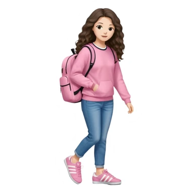 aestethic brunette very,very,very long wavy hair walking with a school backpack (no brand) with a cute jeans, pink sweat, adidas samba shoes sticker