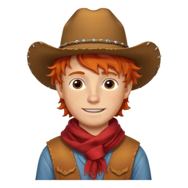 a wavy orange hair boy wearing a cowboy hat with a mischievous grin and freckles with western red scarf on his neck sticker