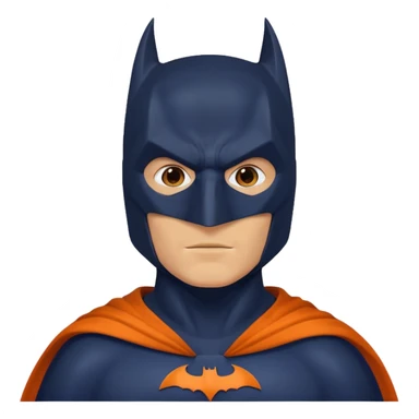 generate a batman emoji with just the face and neck showing and part of the cloak and and wings. Shade the mask in dark navy blue. Shade the chest in a bright medium olive green. Shade the cloak in a solid vibrant orange sticker