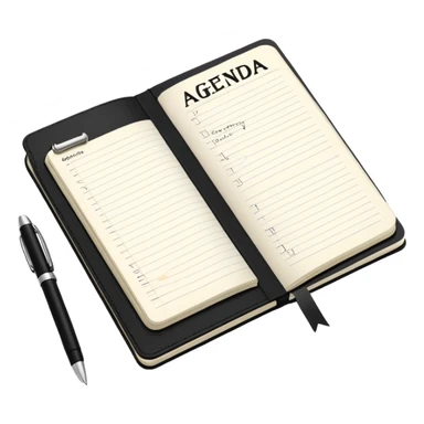A classic black Moleskine notebook open to show a page with 'AGENDA' written at the top and meeting items listed below with bullet points sticker