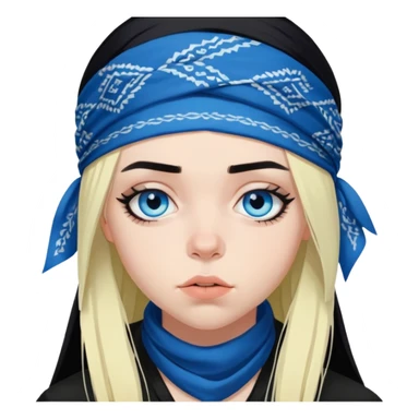 billie eilish blue eyes long black hair dark eyeliner makeup, wearing bandana sticker
