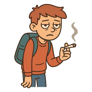 flat toon style of a student with a backpack, tired expression, and a joint, no background sticker