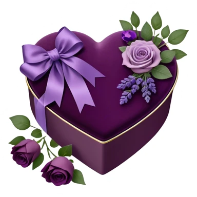 A vintage-inspired heart-shaped velvet box, wrapped with a rich plum silk ribbon, rests beside a delicate arrangement of soft purple roses, lavender sprigs, and dark amethyst pansies. Under the moonlight, tiny silver stars glimmer on the box’s lid, reflecting the romantic glow of an ornate candlestick standing nearby. sticker
